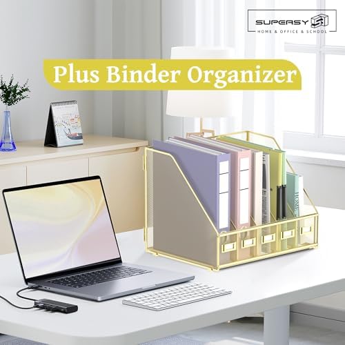 SUPEASY Desk Organizers Metal Desk Magazine File Holder with 5 Vertical Compartments Rack File Organizer for Office Desktop, Home Workspace, Gold Plus - Image 2