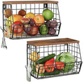 CHOEZON 2-Tier Fruit Basket for Kitchen, Stackable Hanging Basket Wire Baskets with Wooden Lid, Wall-Mounted Kitchen Counter Organizer for Fruit, Vegetable Storage, Rustic Brown and Black TCW02P2BF by Choezon