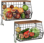 CHOEZON 2-Tier Fruit Basket for Kitchen, Stackable Hanging Basket Wire Baskets with Wooden Lid, Wall-Mounted Kitchen Counter Organizer for Fruit, Vegetable Storage, Rustic Brown and Black TCW02P2BF by Choezon