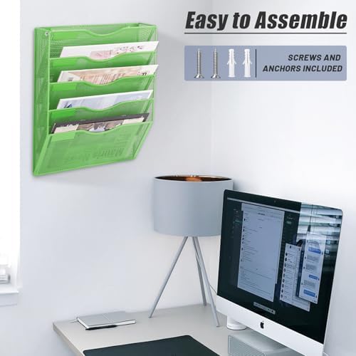 EASEPRES 5 Pocket Mesh Hanging Wall File Organizer, Wall Mounted Mail Paper Document Folder Holder, Clipboard Storage Organization Magazine Rack with Nametag Label for Office Home School, Green - Image 5