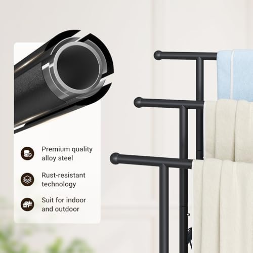 ELYKEN 3 Tier Freestanding Towel Rack with Shelf, 40" H Towel Stand, Black - Image 4