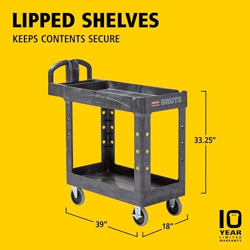 Rubbermaid Commercial Products 2-Shelf Utility/Service Cart, Small, Lipped Shelves, Ergonomic Handle, 500 lbs. Capacity, for Warehouse/Garage/Cleaning/Manufacturing - Image 6