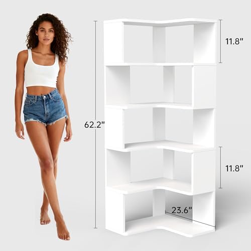 6-Tier L-Shaped Corner Bookshelf, 63" Tall Freestanding Wood Grain Corner Bookcase with Safety Baffle, Space-Saving Corner Shelf Storage for Living Room, Bedroom, Home Office, White - Image 2