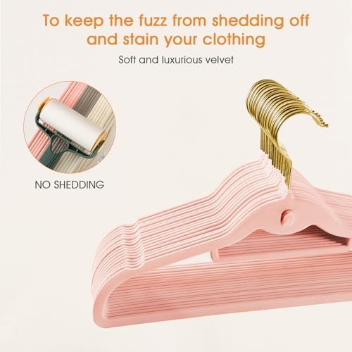 Heavy Duty Velvet Clothing Hangers, 20 Pack Light Pink - Slim Stackable Non-Slip Felt Suit Hangers with 360° Swivel Gold Hook for Dorm & Space Saving, Adult Clothes Hangers - Image 3