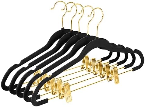 MIZGI Premium Velvet Pants Hangers with Adjustable Clips (Pack of 20) Slim Skirt Hangers- Non Slip Felt Outfit Dress Hangers Black - Gold Hooks,Space Saving Shirt Clothes Hangers by MIZGI