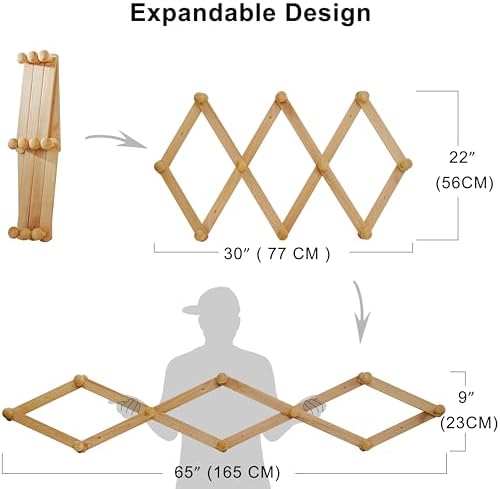 Dseap Expandable Coat Rack (Larger Version) - 24” High, Anti-Slip, Ultra Heavy Duty Wooden Accordian Wall Hanger with 10 Study Peg Hooks for Clothing Hats Jackets Bags, Black/Natural - Image 3