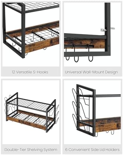 CHOEZON Hanging Pot Rack, Pot Rack Wall Mounted, 2-Tier Kitchen Pot and Lid Organizer, Wall-Mounted Pot Rack with 12 Hooks, for Kitchen Storage of Pots, Pans, Utensils, Rustic Brown TPR02BF - Image 6