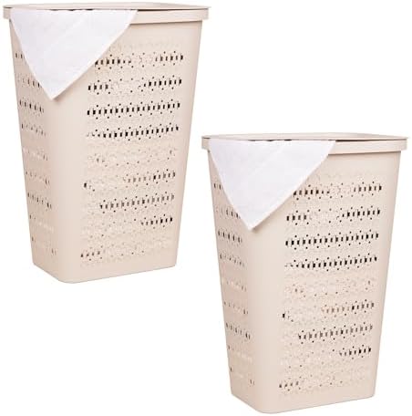 Mind Reader Slim Tapered Laundry Hampers with Lid, Clothes Basket with Swiss Cross Cut-Outs, Lightweight & Ventilated, Plastic, Set of 2, Ivory by MindReader