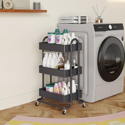 MIOCASA 3-Tier Metal Utility Rolling Cart, Heavy Duty Multifunction Cart with Lockable Casters, Easy to Assemble, Suitable for Office, Bathroom, Kitchen, Garden (Dark Gray, 3-Tier-Metal) - Image 2