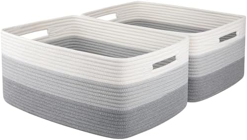 OIASKET Large Storage Basket for Organizing, Woven Rope Basket for Shelves, Closet Organizer Bins for Clothes, Blanket, Toys, Baby Nursery Storage, 17.7" x 13" x 7.87", 2 Packs Gradient Grey by OIASKET