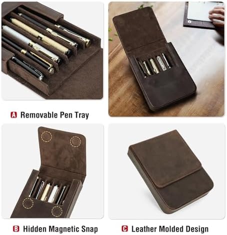 Top Grain Genuine Leather 6 Pen/Pencil Tray Case Organizer, Minimalist Vintage Design, Handmade, Magnetic Closure with Drawer Design, Gift Choice for Man/Woman/Office, Matte Coffee, 6 Slots - Image 6
