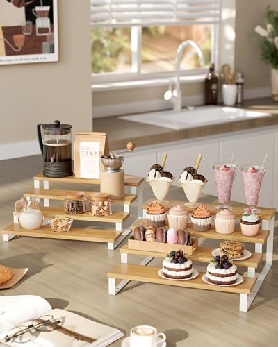 SONGMICS Display Risers, Set of 2 Engineered Wood Perfume Organizer Stand, 4-Tier Cupcake Stand Holder, Spice Rack, Shelf Risers for Figures, Dessert Shelves, Natural Beige and Cloud White UKCS216N02 - Image 3