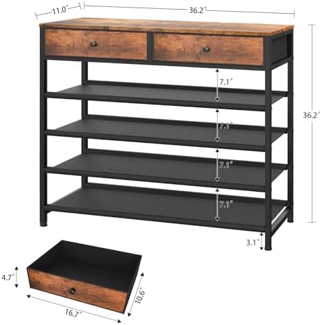 usikey Shoe Rack, 5 Tier Shoe Storage Organizer with 2 Drawers, Metal Shoe Shelf for 16-20 Pairs of Shoes, with 4 Oxford Fabric Shelves and Wooden Top, Shoe Stand for Closet, Entryway, Rustic Brown - Image 3