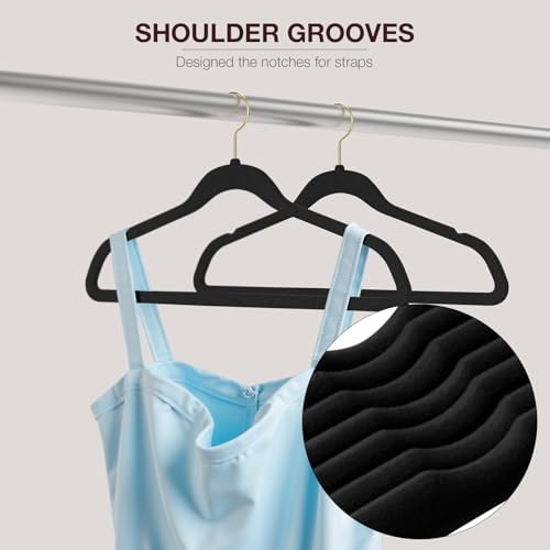 Korpai 60 Pack Black Velvet Hangers,Felt Hangers with Gold 360 Swivel Hook,Suit Hanger for Closet Organizer, Non Slip,Heavy-Duty,Space Saving,Slim Clothes Hangers for Coats,Outfit,Shirts,Suits,ect - Image 4