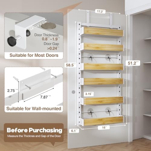 6 Tier Over the Door Pantry Organizer with Adjustable Wooden Baskets, Heavy Duty 2 in 1 Wall Mounted & Hanging Spice Rack for Kitchen, Cabinet and Closet Organization - Image 2