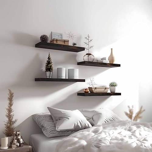 YYWUOJJ Wood Floating Shelves for Wall Decor, Rustic Wall Shelves for Bedroom Bathroom Kitchen Living Room, Set of 4 Walnut - Image 6