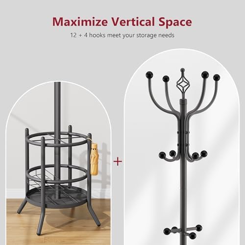 Tajsoon Coat Tree with Umbrella Stand, Coat Rack With 16 Hooks, Grey - Image 5