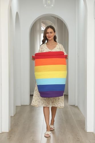26"x20" Extra Large Tall Woven Laundry Basket with Lid, Cotton Rope Blanket Storage Basket, Freestanding Decorative Bin for Bedroom Living Room, Rainbow Multicolor - Image 4
