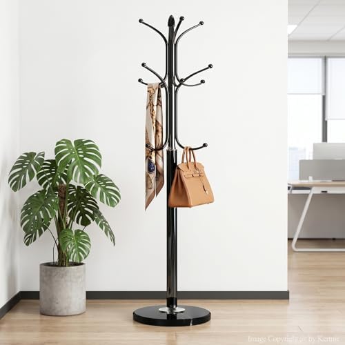 Kertnic Freestanding Coat Rack Stand, Heavy Duty Metal Hall Tree with 12 Hooks, 70 Inch Tall Stable Coat Hanger with 14.6" Natural Marble Base, Entryway Organizer for Coats Bags Hats Purses (Black) - Image 5