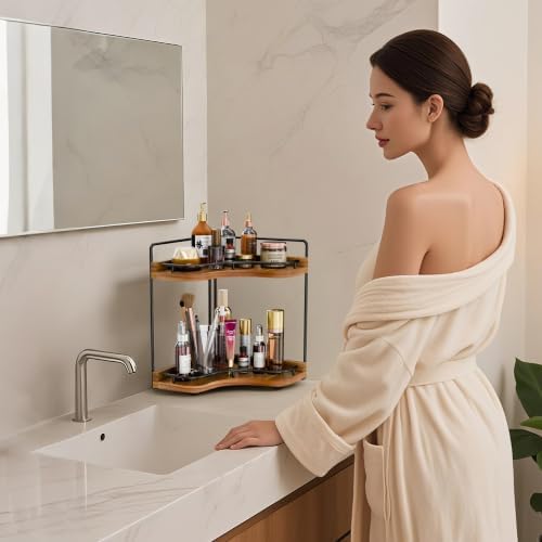 2-Tier Corner Bathroom Counter Organizer, Larger, Acacia Wood - Image 7