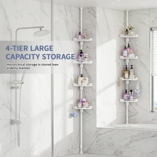 360° Rotating Tension Pole Caddy – 4-Tier Corner Shower Organizer, Height Adjustable 33"–124", Space-Saving for Bathroom, Kitchen Counter, Cabinet Gaps & Bathtub (white) - Image 6