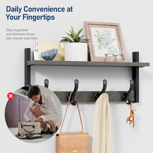 Tatub 20" Rustic Coat Rack Wall Mount with Shelf, Wall Hooks with Shelf, Heavy Duty Entryway Organizer Hangers for Hanging, Hat, Bag, Jacket for Bathroom, Living Room, Bedroom, Ebony - Image 4