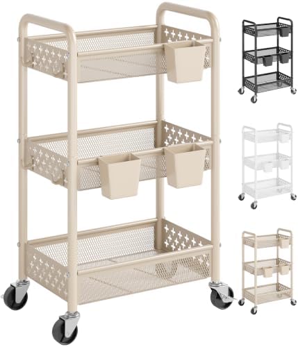 3 Tier Heavy Duty Metal Rolling Utility Cart Organizer with Wheels, Beige by Unknown