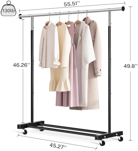 VICERII Clothing Rack, 55.51 Inch Heavy Duty Clothes Rack Rolling Garment Rack with Wheels and Bottom Shelf, 130LB Capacity Clothes Racks for Hanging Clothes, Coats, Shirts, Sweaters, Skirts, Black - Image 5