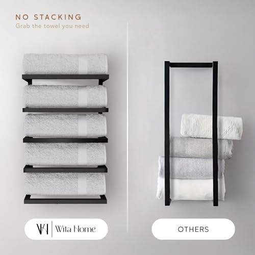 Modern 5-Tier/6-Tier Towel Rack - Wall-Mounted Black Metal Towel Shelf for Bathroom, Space-Saving Storage for Towels, Organizers, and Home Decor (5-Tier) - Image 4