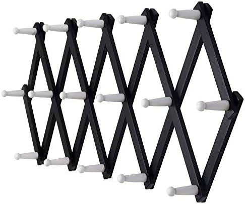 Dseap Accordian Wall Hanger: Wooden Coat Rack Wall Mounted, Hat Racks for Baseball Caps, Mug Rack, 16 Peg Hooks, Black & White by Dseap
