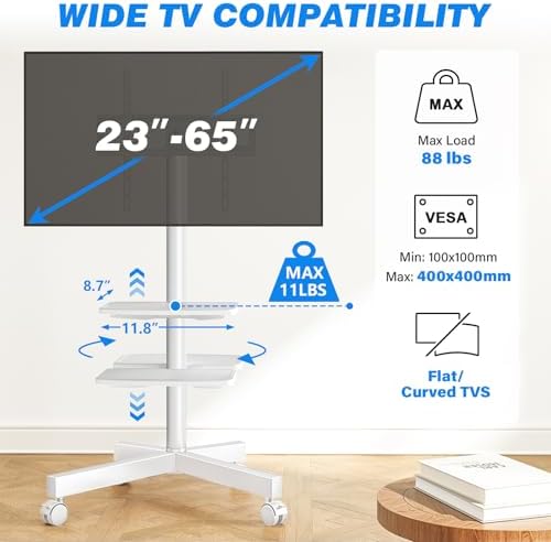 Rfiver Mobile TV Stand for 23-65 Inch Flat/Curved TVs up to 88 lbs White - Image 2