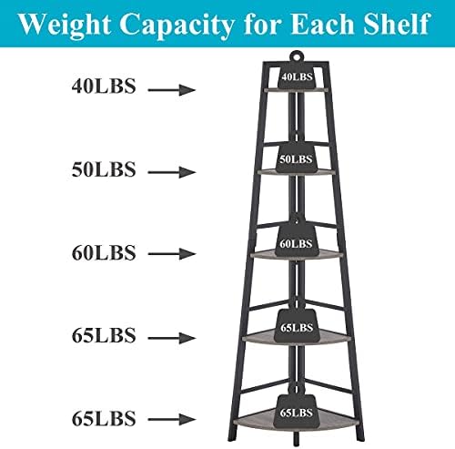 BON AUGURE Rustic Tall Corner Bookshelf, 5 Tier Wood and Black Metal Corner Ladder Shelf, Industrial Corner Bookcase and Gray Corner Shelf for Living Room, Bathroom, Kitchen (Dark Gray Oak) - Image 4