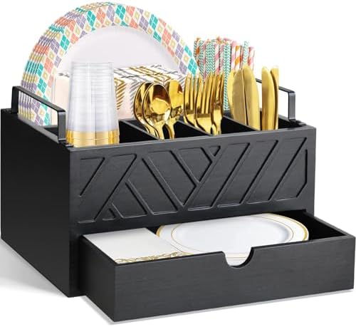 Paper Plate Dispenser with Drawer, Paper Plate Holder for Kitchen Counter, Wood Rustic Silverware Utensil Caddy, Cutlery Flatware Organizer for Cup Spoon Fork Plates Napkins, Black Kitchen Accessories by Zecela