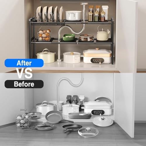Mustorn Pots and Pans Organizer Under Cabinet, Expandable 2 Tier Under Sink Organizers and Storage Adjustable Height Kitchen Pot and Pan Lid Holder Rack with 6 Dividers(6panels,1 Pot rack, Black) - Image 3