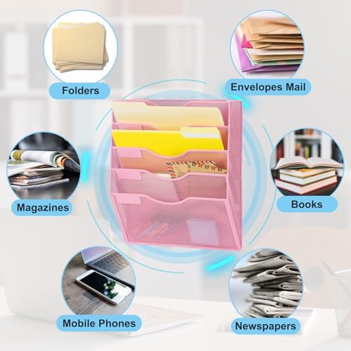 EASEPRES Magnetic 5 Pocket Mesh Hanging File Organizer, Wall Mounted Mail Paper Document Folder Holder, Clipboard Storage Organization Magazine Rack with Nametag Label for Office Home School, Pink - Image 4