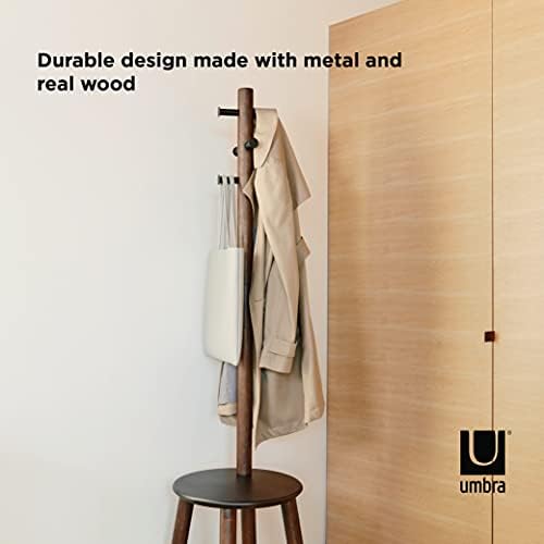 Umbra Pillar Coat Rack with Stool, Freestanding 6 Hooks, Black/Walnut - Image 7