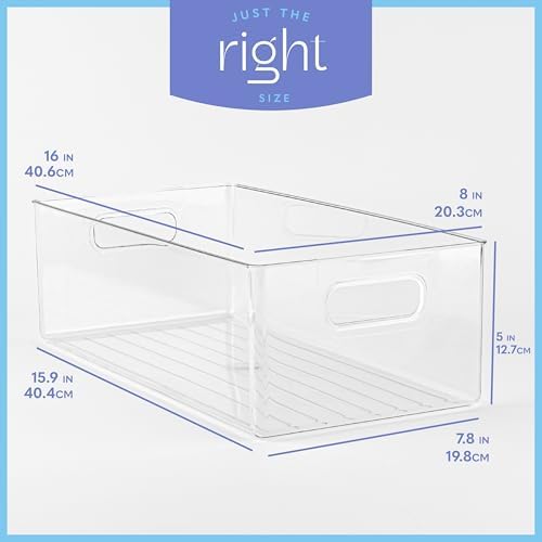 Plastic Food Storage 2 Pack Clear Container Bin with Handles for Organizing Kitchen, Pantry, Refrigerator, Freezer, Pantry, Cabinet, Closet, Bathroom. 16”x8”x5” - Image 3