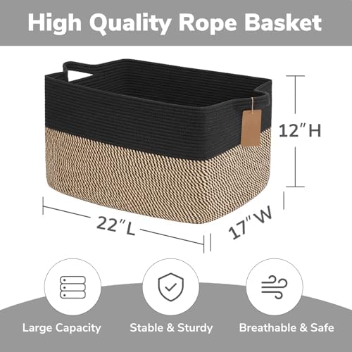 Goodpick 75L Extra Large Woven Blanket Basket, Rectangle, Black & Jute - Image 3