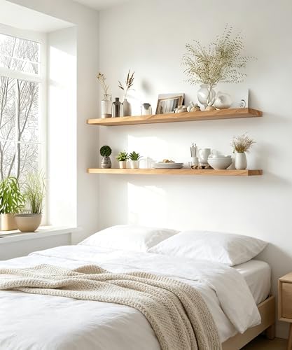 48 Inch Rustic Wood Floating Shelves Farmhouse Wooden Wall Shelves for Bathroom Bedroom Living Room Kitchen Office Set of 4 Light Brown - Image 6