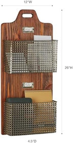 Sawyer Vertical Wall Organizer - Mission Red Oak - Handcrafted - Wooden Back, Metal Baskets - Vintage Hanging Organizer - Two Tier Basket for Mail, Paper, Letters - 26 Inches High Vertical - Image 3