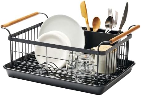 YAMAZAKI Home Dish Drying Rack – Modern Black Dish Rack for Kitchen Counter with Removable Drainer Tray and Cutlery Holder, Steel + Wood Dish Drying Organizer, Small Space-Saving Design by Unknown