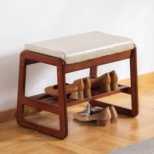 latifolia Solid Wood Bench, Entryway Shoe Bench with Cushion, 2 Tier Shoe Storage Organizer for Hallway, Living Room(Grey,21.65''L) by Latifolia