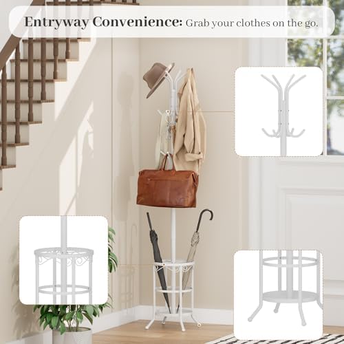 Coat Rack Freestanding with Umbrella Holder – Metal Hanger Stand, Hall Tree with 12 Hooks, Entryway Organizer for Hats, Bags, and Clothes (White) - Image 3