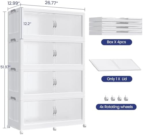 120GAL (480QT) Collapsible Plastic Storage Bins with Lid & Wheels, Extra Large Stackable Closet Organizers Storage Boxes, Folding Cabinet for Home Kitchen Office, 4Pack White - Image 2