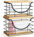 ALOCEO 2 Pack Stackable Wire Storage Basket with Bamboo Lid, Large Garbage Bag Dispenser for 13/30/33 Gallon Bags, Stainless Steel Kitchen Storage Bins for Potato and Onion, Black - Image 6