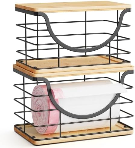 ALOCEO 2 Pack Stackable Wire Storage Basket with Bamboo Lid, Large Garbage Bag Dispenser for 13/30/33 Gallon Bags, Stainless Steel Kitchen Storage Bins for Potato and Onion, Black - Image 6