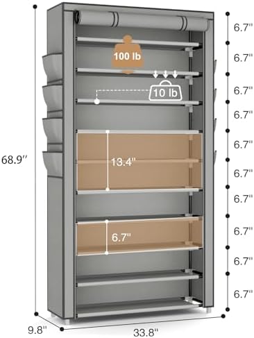 VTRIN Tall Shoe Rack with Cover, 10 Tier Shoe Organizer Storage for 50-55 Pairs Shoes and Boots Large Capacity Shoe Shelf with 8 Pockets Free Standing Shoe Rack for Closet, Entryway, Garage, Grey - Image 3