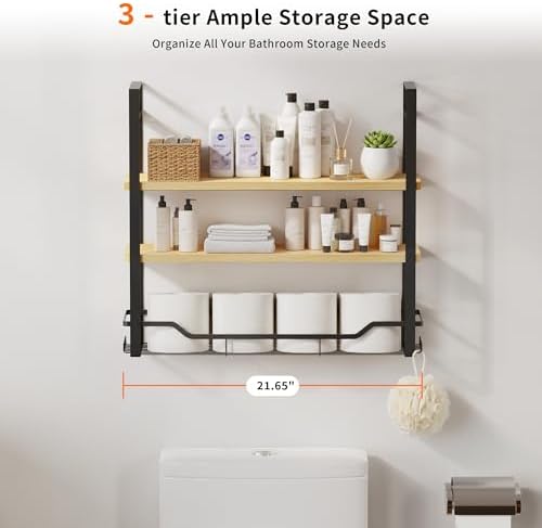 Bathroom Shelves Over Toilet Storage - 3 Tier Large Wall Mounted Shelves for Bathroom - Over Toilet Organizer - Adjustable Stand Shelf Rack for Kitchen Living Room - Black Oak - Image 3