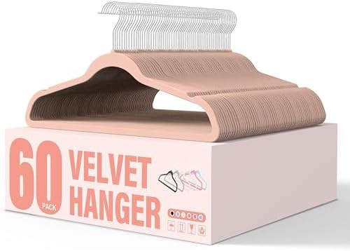 YSSOA Velvet Hangers 60 Pack, Non-Slip Clothes Hangers with Shoulder Notches, 360° Swivel Hooks, Heavy Duty Standard Hanger for Closet Space Saving, Pink by YSSOA