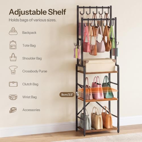 HOOBRO Tall Purse Organizer for Closet, 3-Tier Handbag Rack with 10 J-Hooks - Image 4